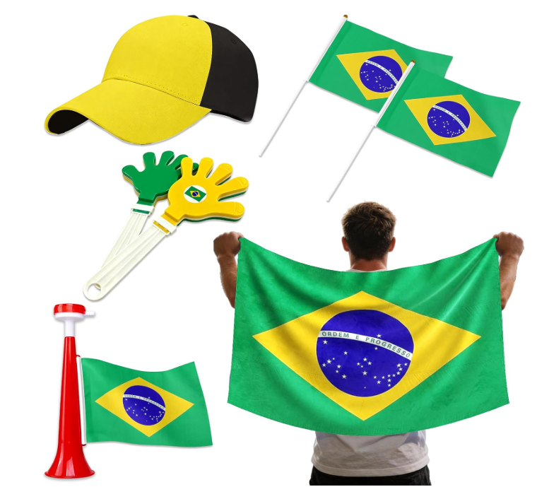 7Pcs Soccer Cup Fan Set, Soccer Theme Accessories Kit with Flags, Clappers, Shawl, Cap and Horn, Gifts for Football Lovers and Brazil Supporters